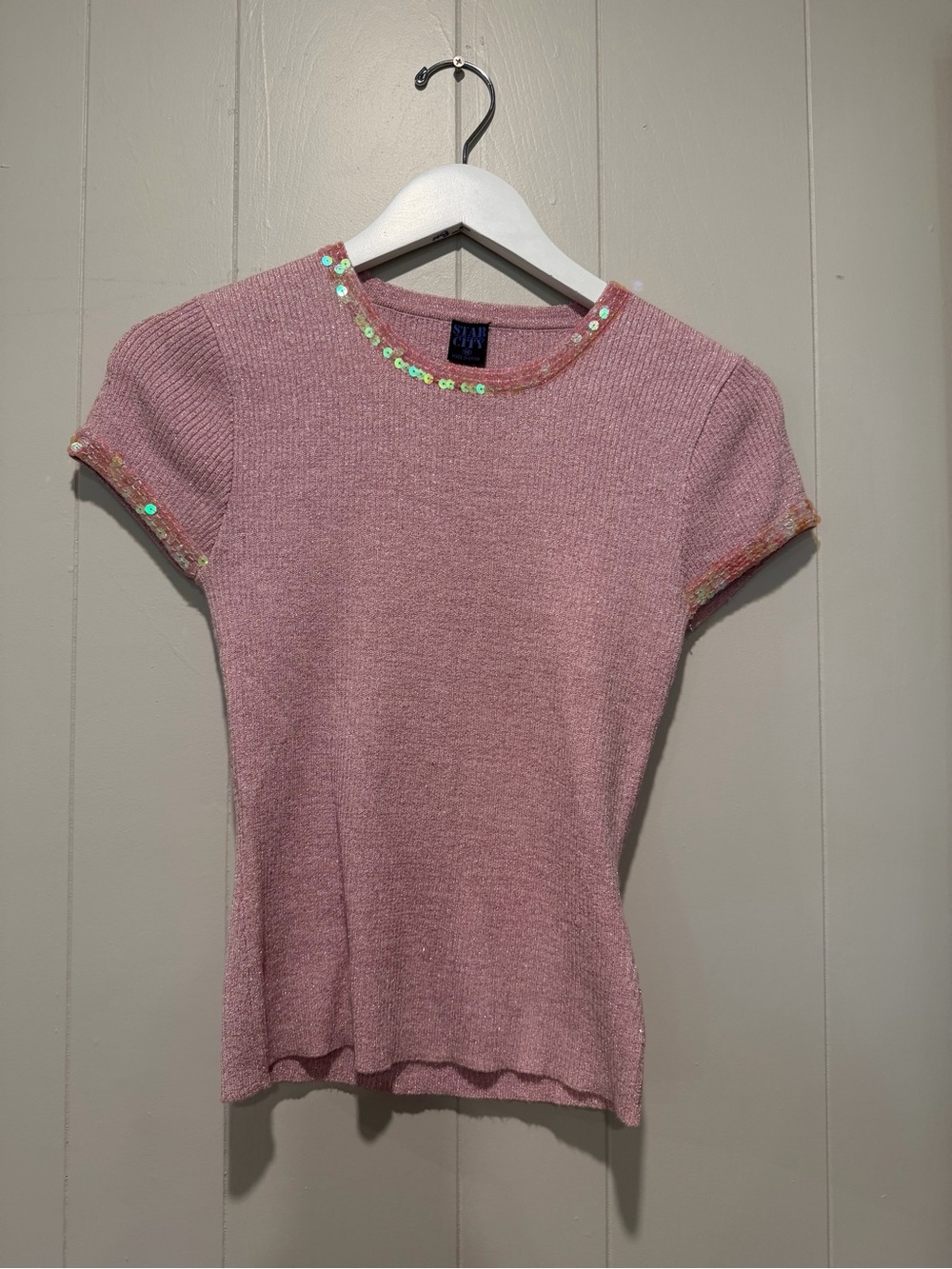 Star City Pink Sparkle Short Sleeve Sweater with Sequin Detail
